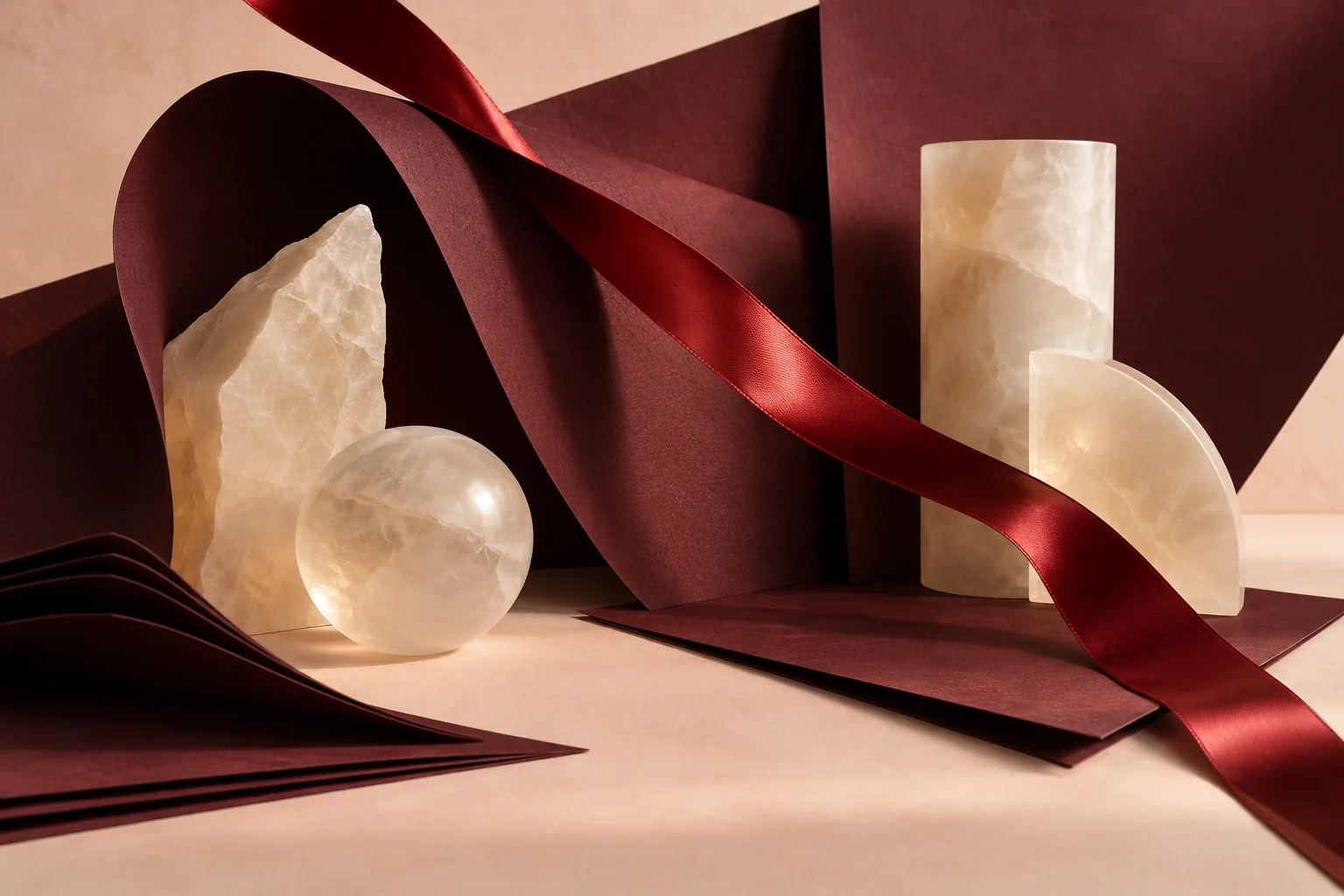 Burgundy paper and clear glass arranged as an editorial material study.
