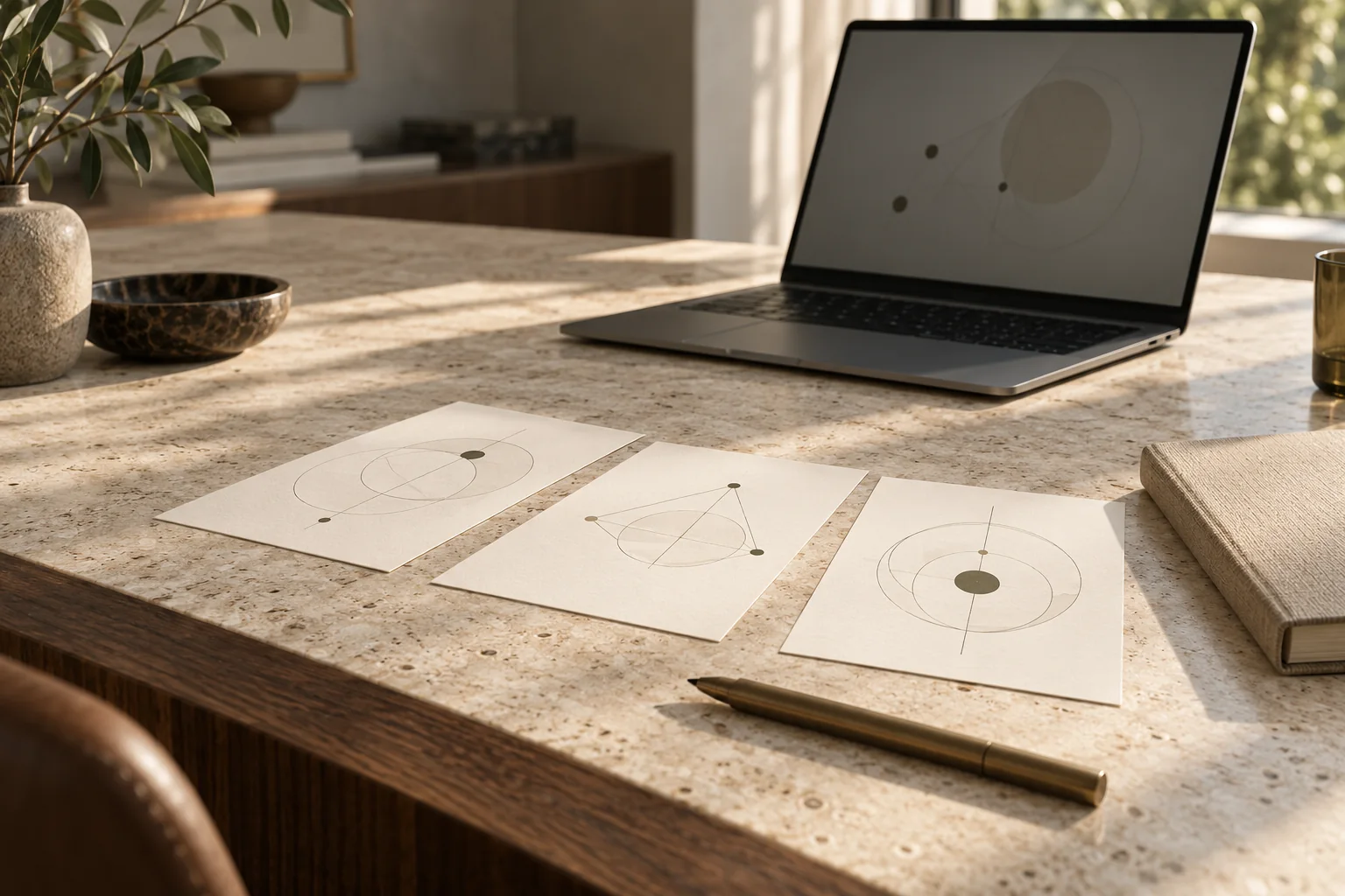 A laptop and unlabelled planning papers on a stone and walnut surface.